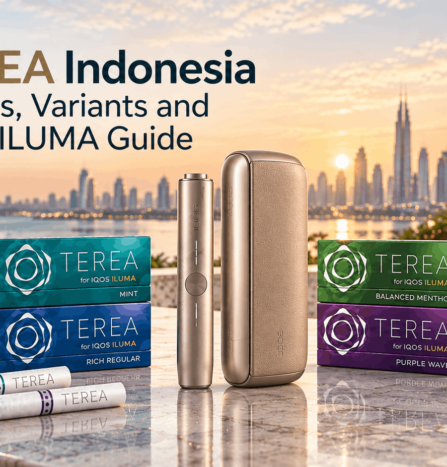 TEREA Indonesia flavor variants displayed with IQOS ILUMA device, including menthol, regular, and aromatic options with a premium Dubai skyline background.