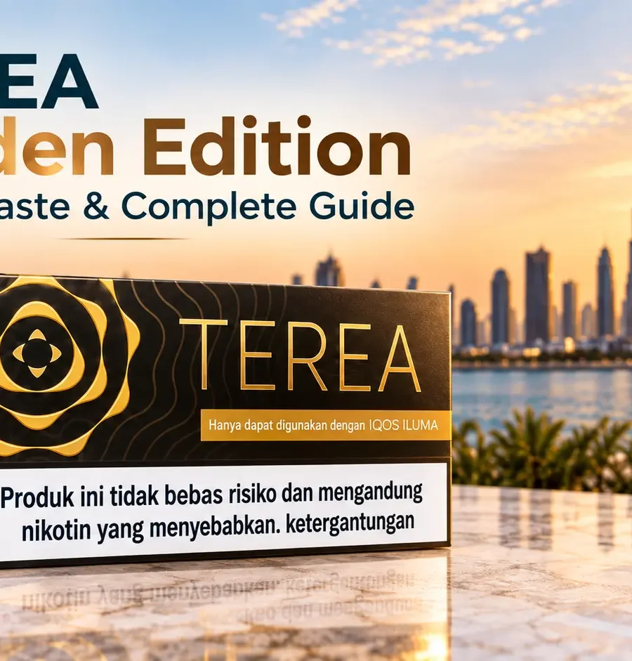 TEREA Golden Edition pack with IQOS ILUMA device and TEREA sticks displayed in a premium Dubai setting, highlighting flavor, taste, and complete guide information.