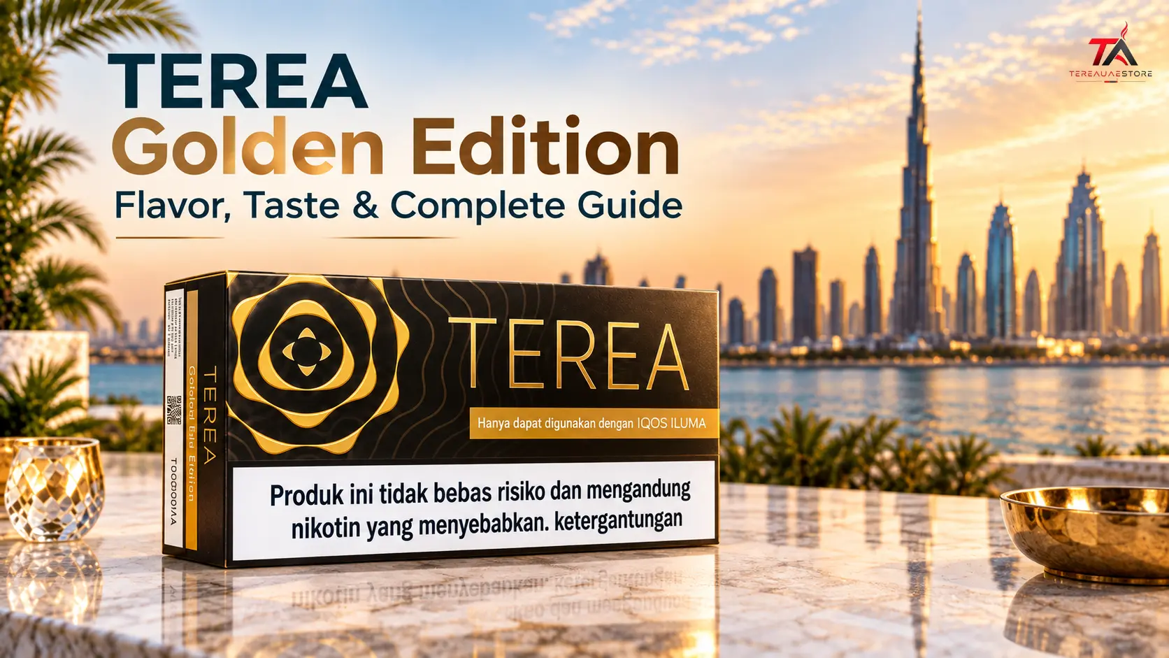TEREA Golden Edition pack with IQOS ILUMA device and TEREA sticks displayed in a premium Dubai setting, highlighting flavor, taste, and complete guide information.