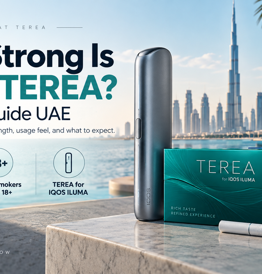 IQOS TEREA nicotine guide UAE featuring IQOS ILUMA device, TEREA packs, Dubai skyline, and information about nicotine strength and usage experience.