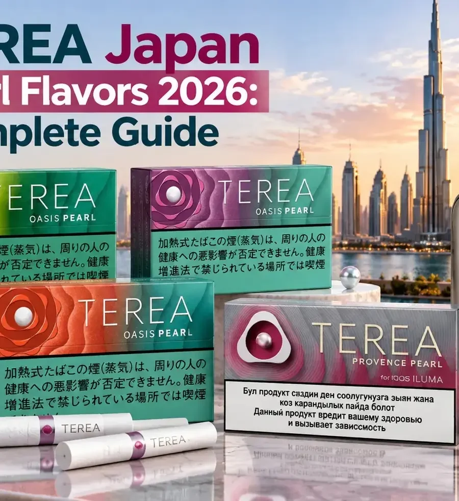 TEREA Japan Pearl flavor variants including Oasis Pearl, Shine Pearl, Sun Pearl, and Provence Pearl with IQOS ILUMA device in a premium Dubai skyline setting.