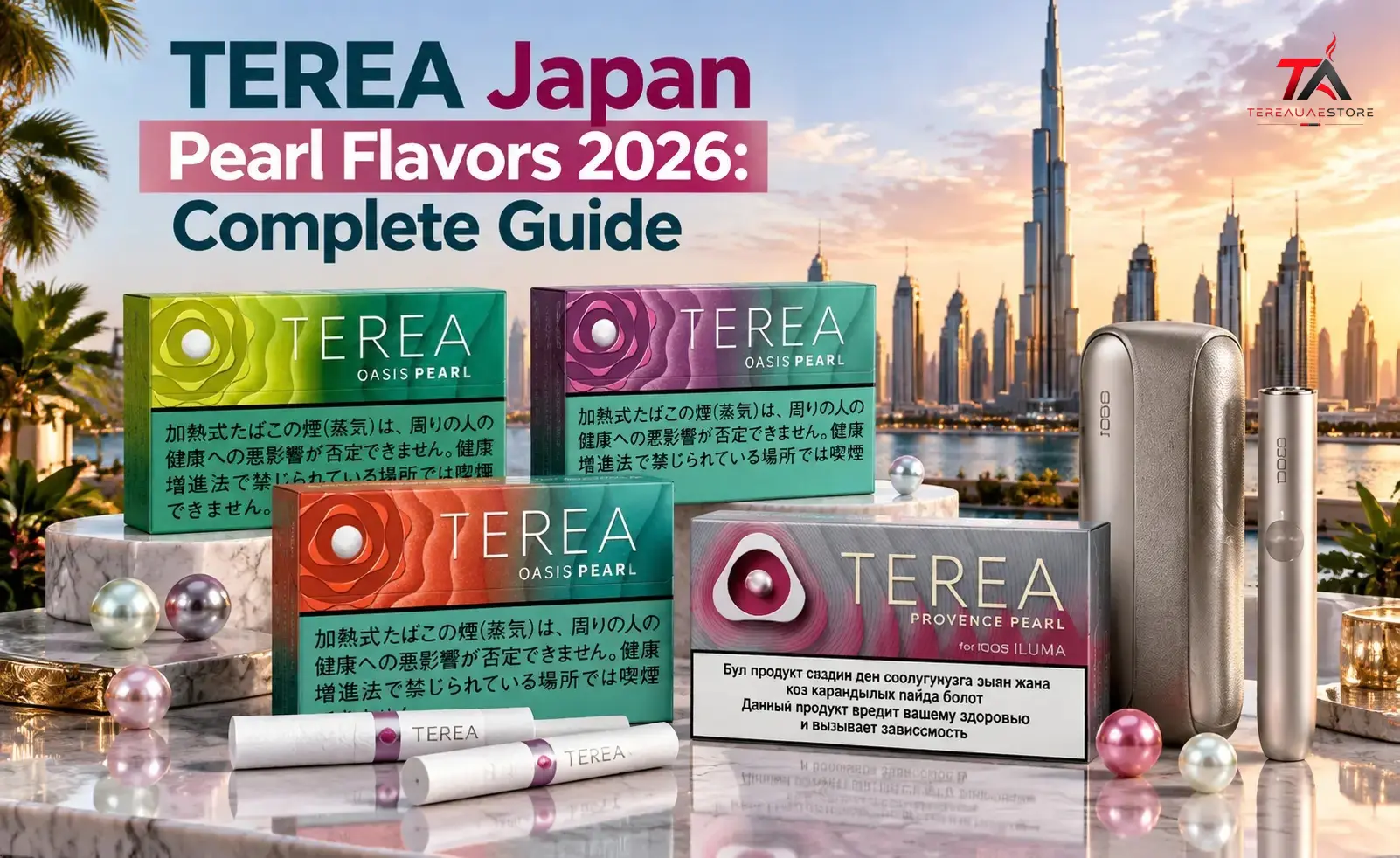 TEREA Japan Pearl flavor variants including Oasis Pearl, Shine Pearl, Sun Pearl, and Provence Pearl with IQOS ILUMA device in a premium Dubai skyline setting.