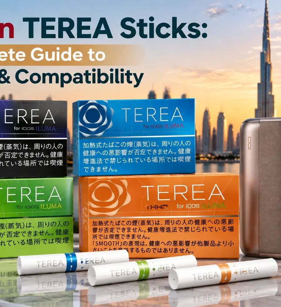 Japan TEREA sticks with different color variants displayed alongside IQOS ILUMA device, showing types, compatibility, and flavor options in a premium Dubai skyline setting.