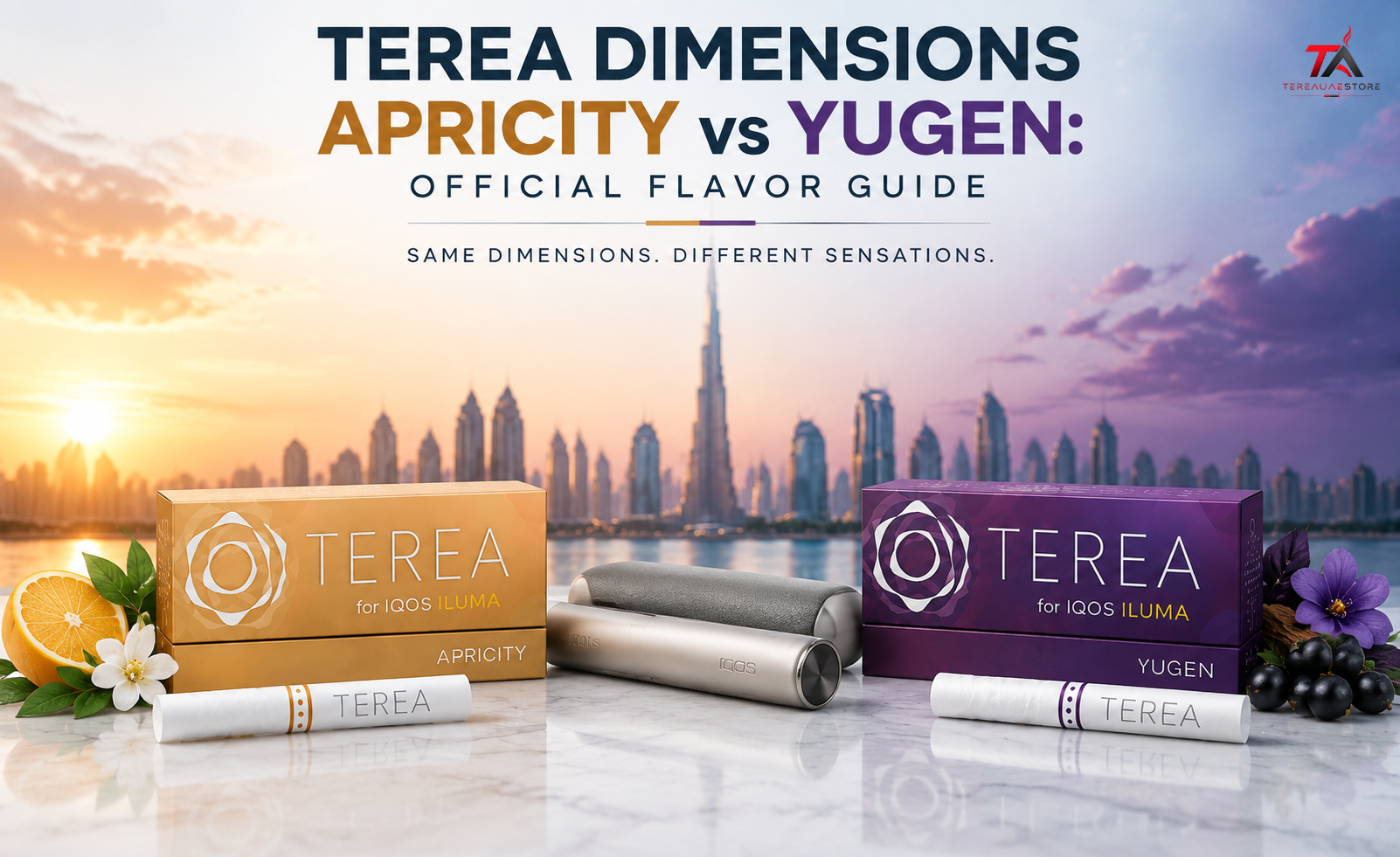 TEREA Dimensions Apricity vs Yugen showing warm creamy and fruity floral flavor profiles