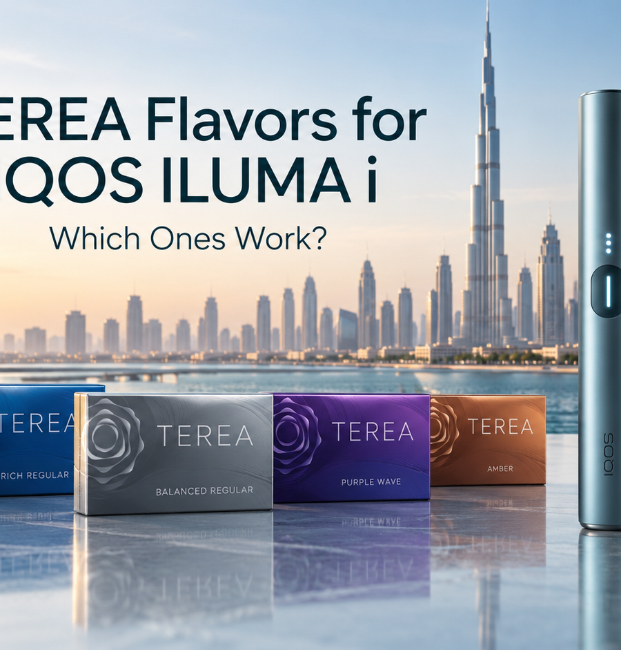 TEREA flavor packs displayed with IQOS ILUMA i device and Dubai skyline, showing compatible flavor options for IQOS ILUMA i.
