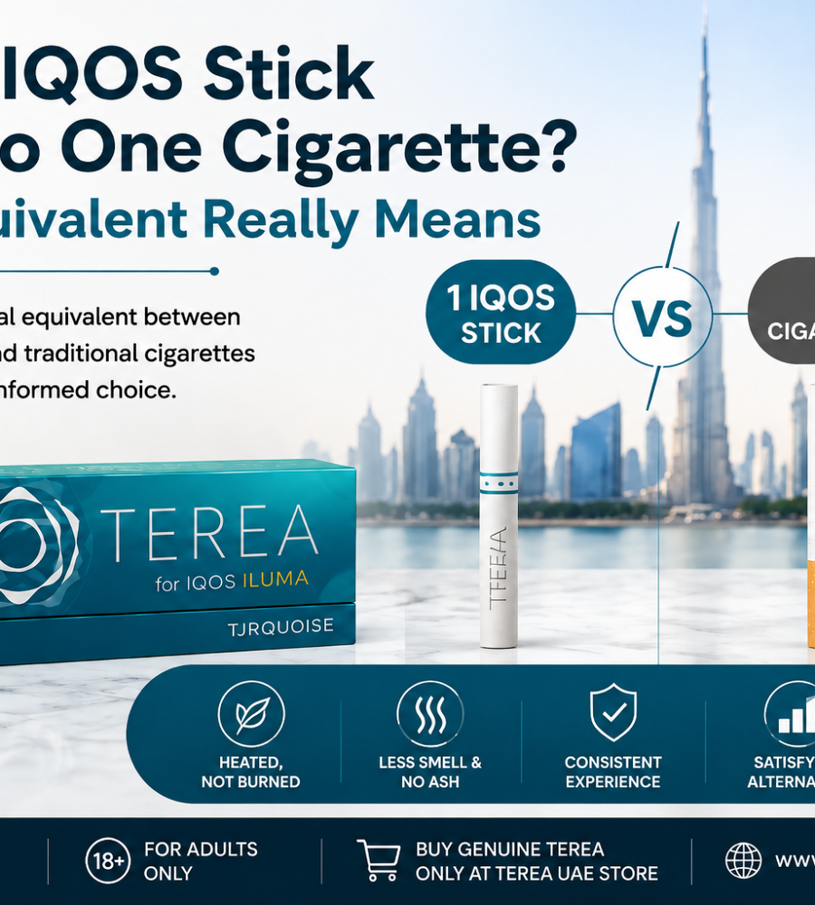 Comparison graphic showing one IQOS stick and one cigarette with TEREA Turquoise pack, Dubai skyline, and key differences in experience and usage