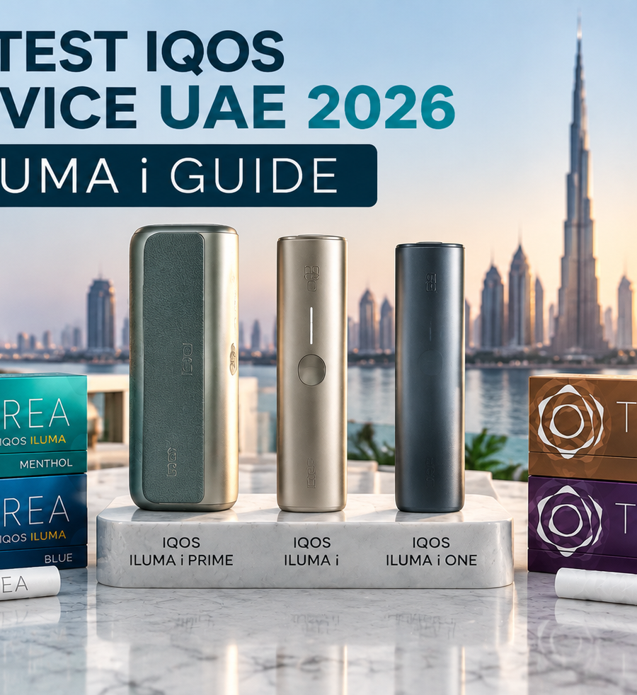 Latest IQOS devices in UAE featuring IQOS ILUMA i PRIME, ILUMA i, ILUMA i ONE, and TEREA sticks with Dubai skyline background.