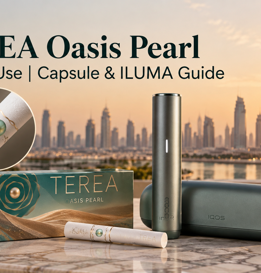 TEREA Oasis Pearl capsule stick with IQOS ILUMA device showing capsule activation, flavor experience, and usage guide.