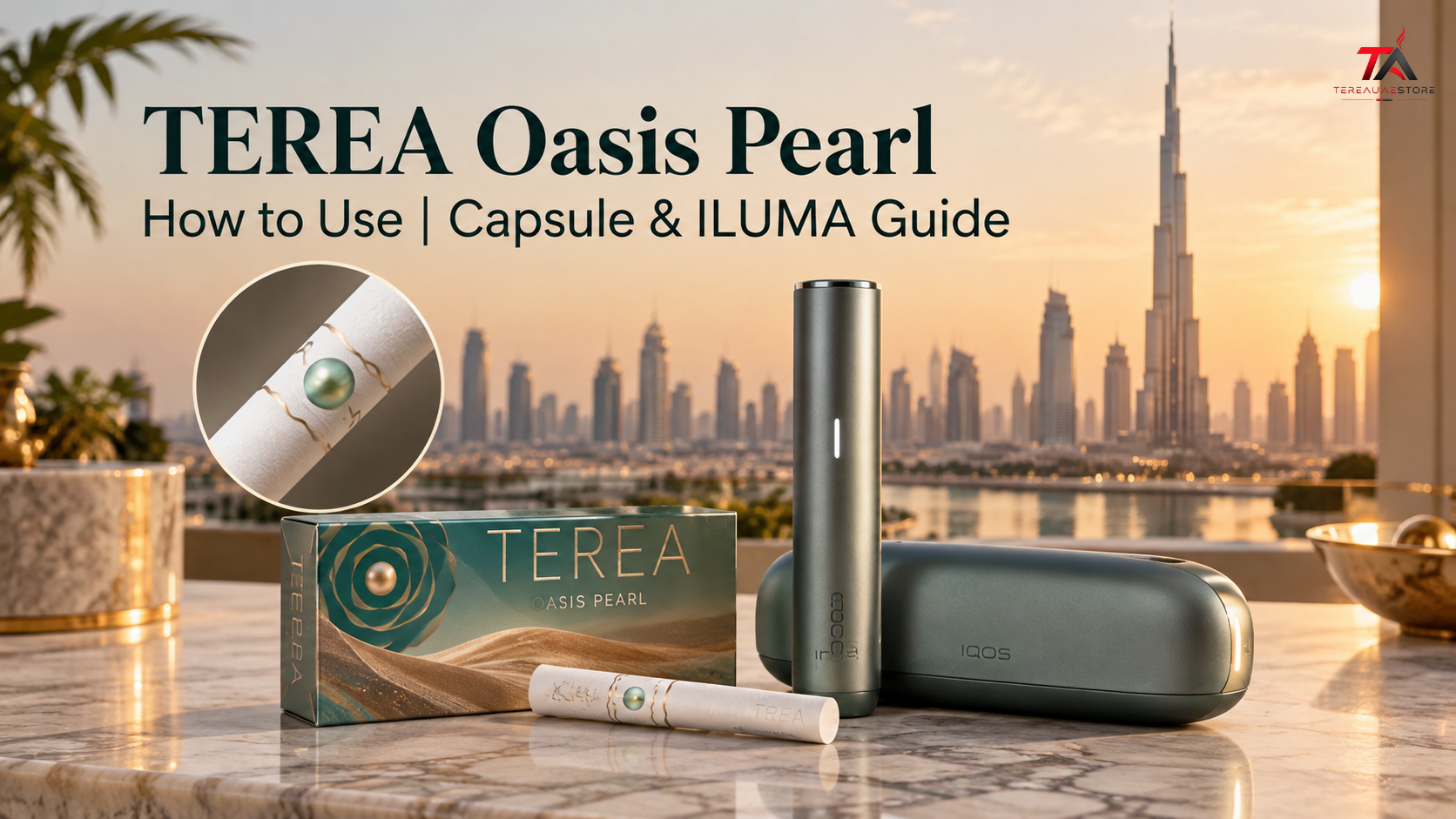 TEREA Oasis Pearl capsule stick with IQOS ILUMA device showing capsule activation, flavor experience, and usage guide.