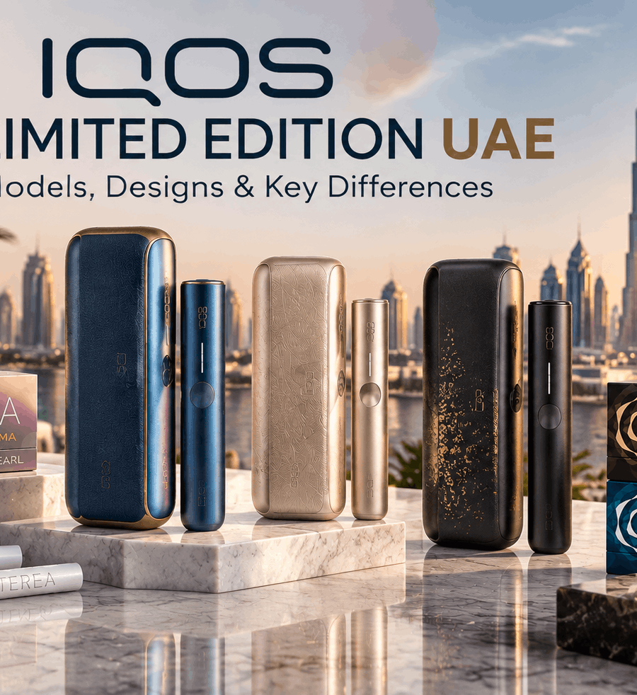 IQOS Limited Edition UAE devices with premium designs, TEREA sticks, and different models displayed against a Dubai skyline background.