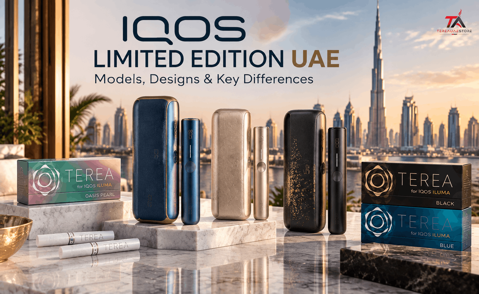 IQOS Limited Edition UAE devices with premium designs, TEREA sticks, and different models displayed against a Dubai skyline background.