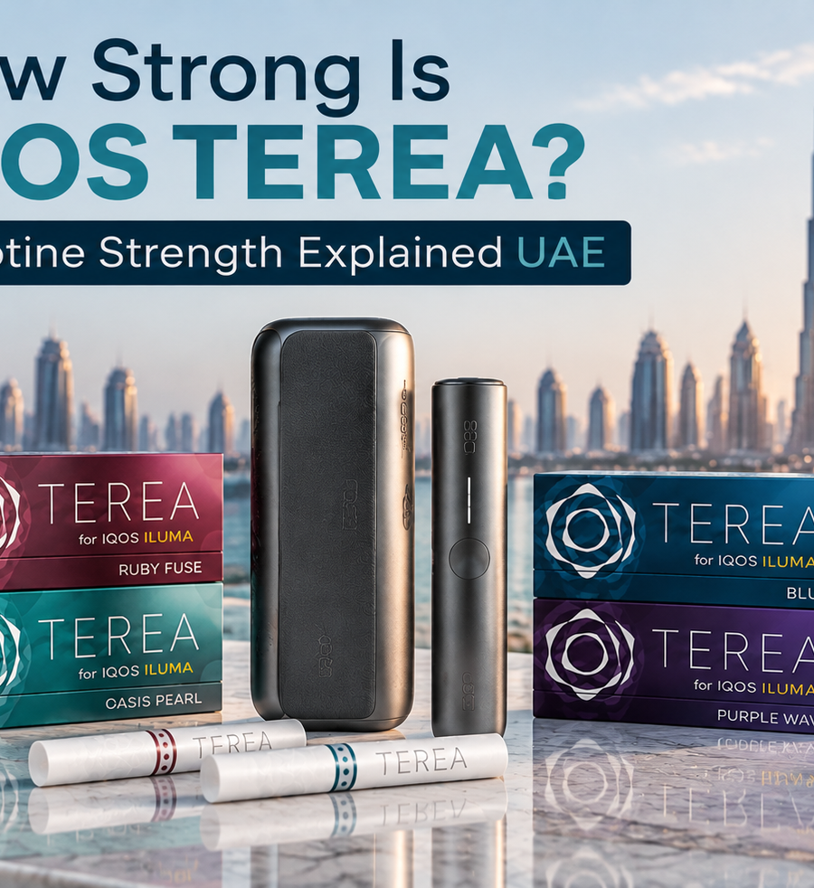 IQOS TEREA nicotine strength guide UAE featuring TEREA packs, IQOS ILUMA device, and different flavor options with Dubai skyline background.