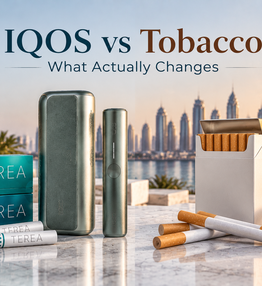 IQOS and TEREA device compared with traditional tobacco cigarettes, showing key differences between heated tobacco and smoking with Dubai skyline background.