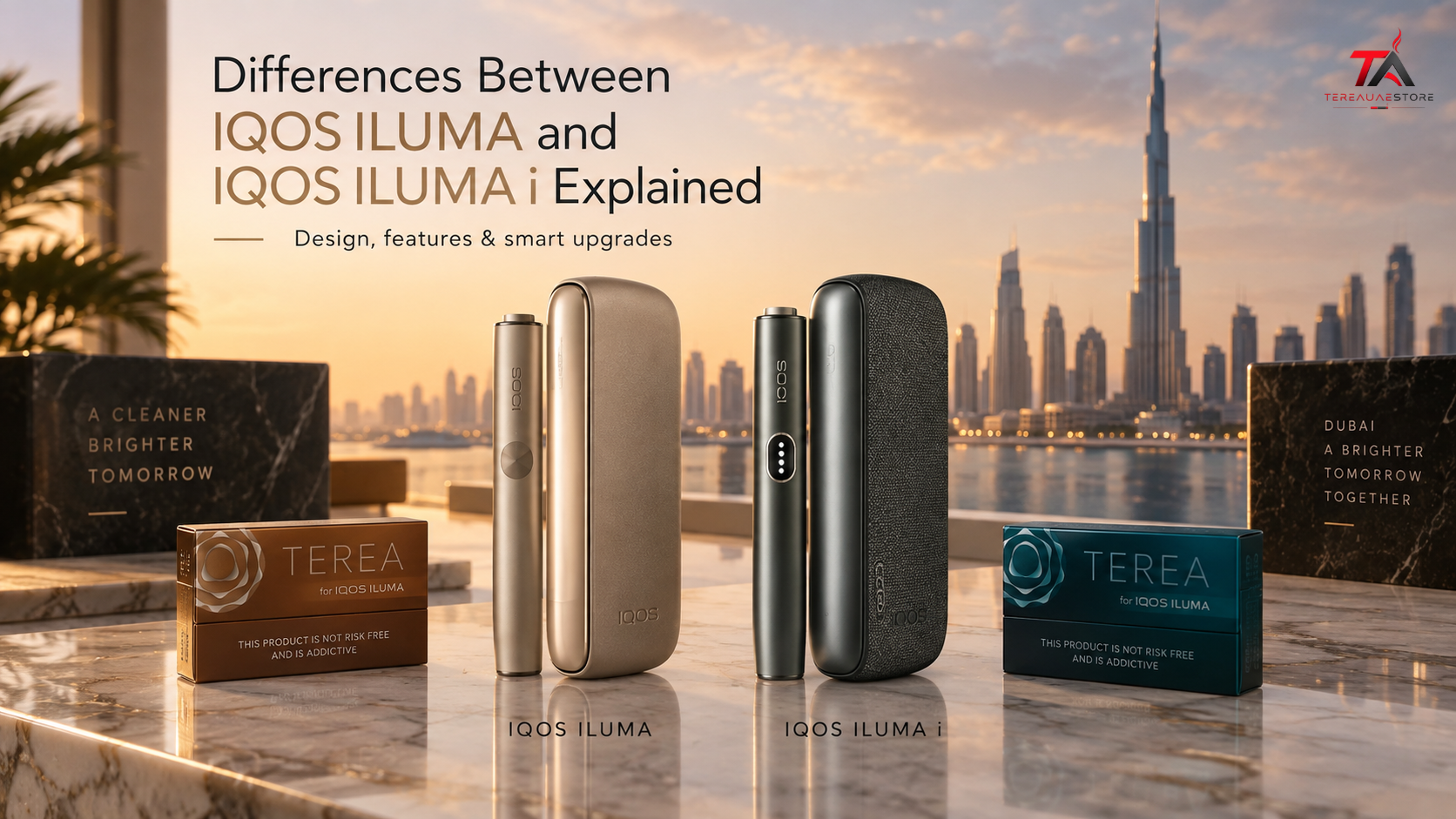 IQOS ILUMA and IQOS ILUMA i devices compared with TEREA sticks, showing design differences, new features, and technology comparison.