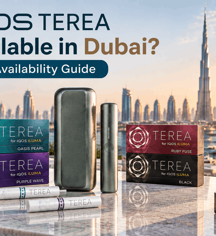 IQOS TEREA availability guide in Dubai featuring TEREA packs, IQOS ILUMA device, and UAE product availability with Dubai skyline background.