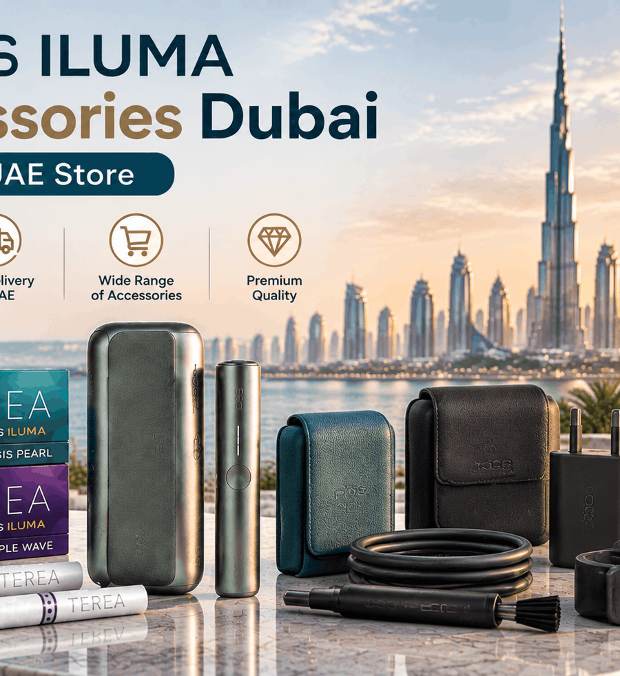 IQOS ILUMA accessories Dubai featuring IQOS devices, TEREA packs, premium cases, chargers, and accessories from TEREA UAE Store with Dubai skyline background.