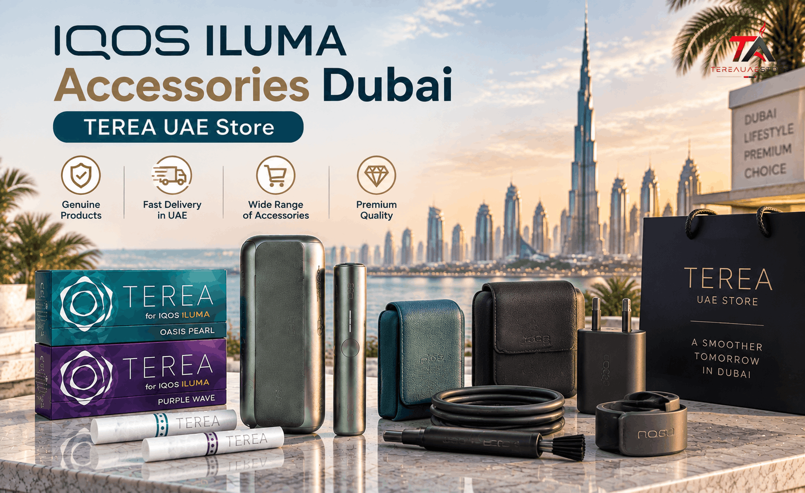 IQOS ILUMA accessories Dubai featuring IQOS devices, TEREA packs, premium cases, chargers, and accessories from TEREA UAE Store with Dubai skyline background.
