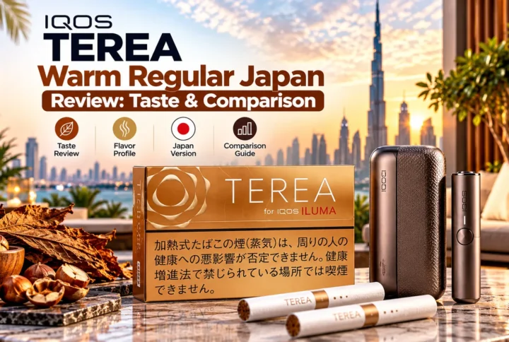 IQOS TEREA Warm Regular Japan pack with IQOS ILUMA device and TEREA sticks, presented with tobacco and hazelnut accents in a premium Dubai terrace setting.