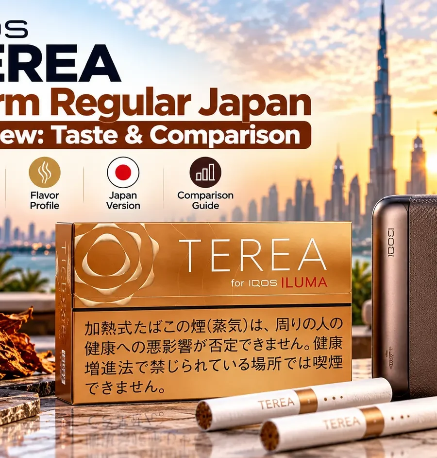 IQOS TEREA Warm Regular Japan pack with IQOS ILUMA device and TEREA sticks, presented with tobacco and hazelnut accents in a premium Dubai terrace setting.