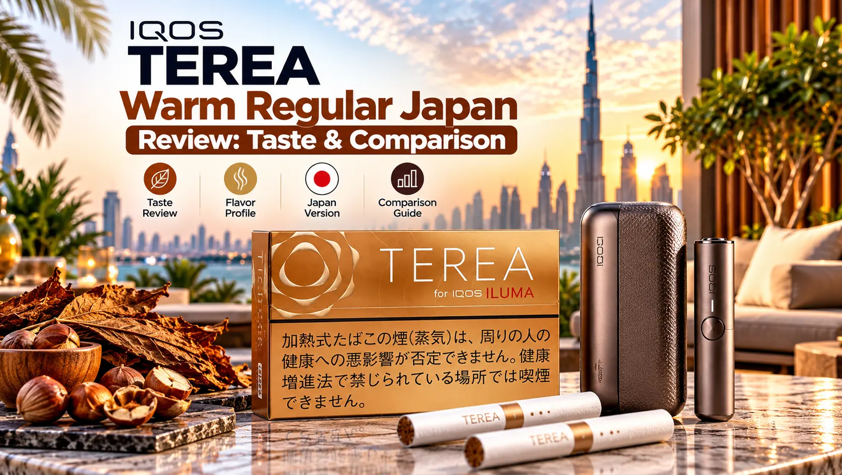 IQOS TEREA Warm Regular Japan pack with IQOS ILUMA device and TEREA sticks, presented with tobacco and hazelnut accents in a premium Dubai terrace setting.