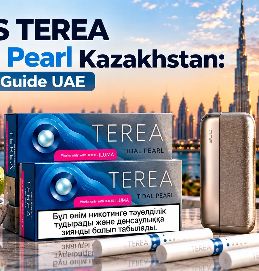 IQOS TEREA Tidal Pearl Kazakhstan packs with IQOS ILUMA device and TEREA sticks, presented in a premium Dubai skyline setting.