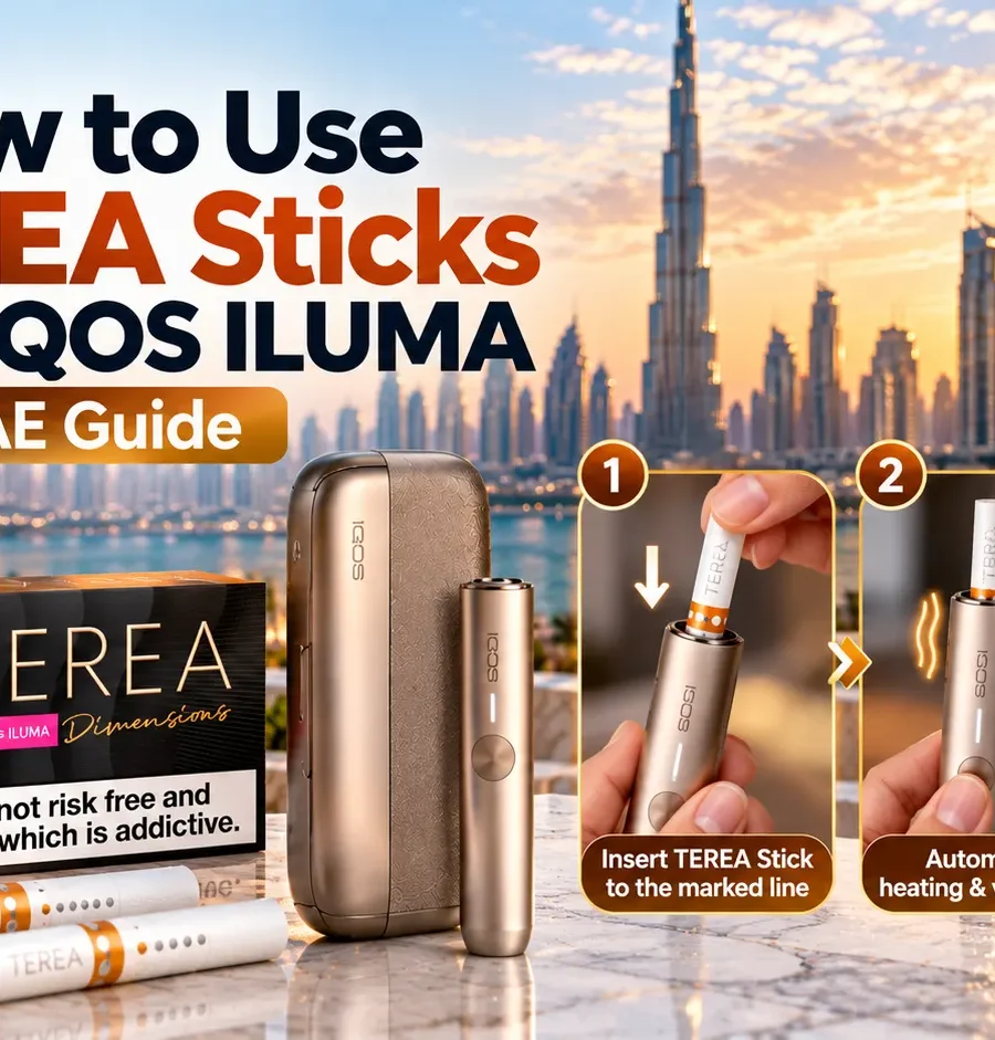 How to use TEREA sticks with IQOS ILUMA in the UAE, showing stick insertion, automatic heating, vibration, and the ready-to-use process.