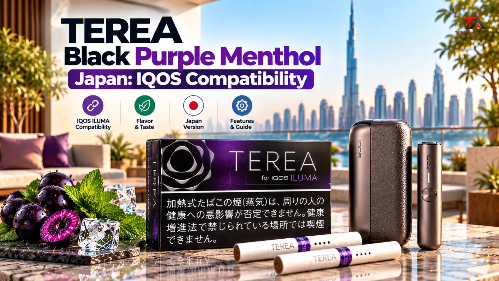 TEREA Black Purple Menthol Japan pack with IQOS ILUMA devices and TEREA sticks, highlighting IQOS compatibility in a Dubai terrace setting.