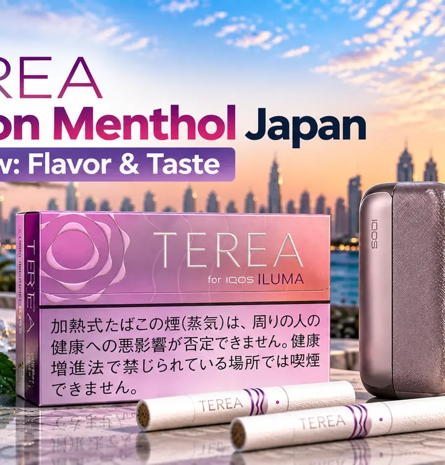 TEREA Fusion Menthol Japan pack with IQOS ILUMA device and TEREA sticks, highlighting its flavor and taste in a premium Dubai setting.