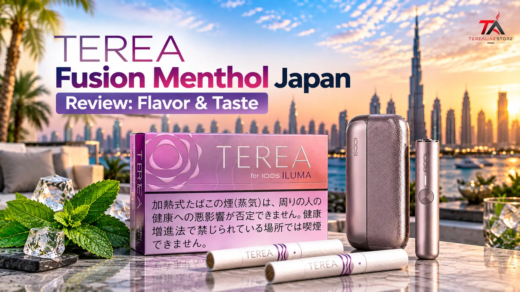 TEREA Fusion Menthol Japan pack with IQOS ILUMA device and TEREA sticks, highlighting its flavor and taste in a premium Dubai setting.