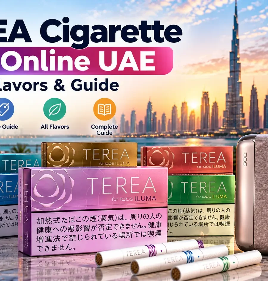TEREA cigarette packs with IQOS ILUMA devices and multiple flavor variants, presented in a premium Dubai setting for a UAE price and flavor guide.