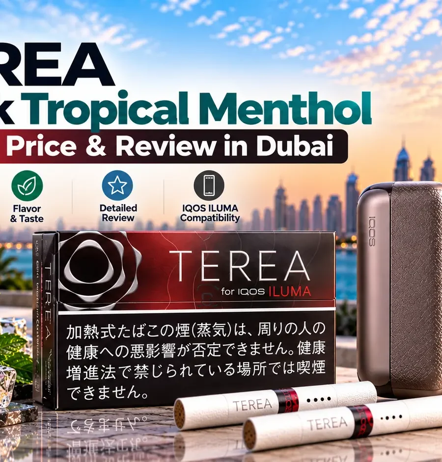 TEREA Black Tropical Menthol Japan pack with IQOS ILUMA device, TEREA sticks, tropical fruit and mint in a Dubai terrace setting.