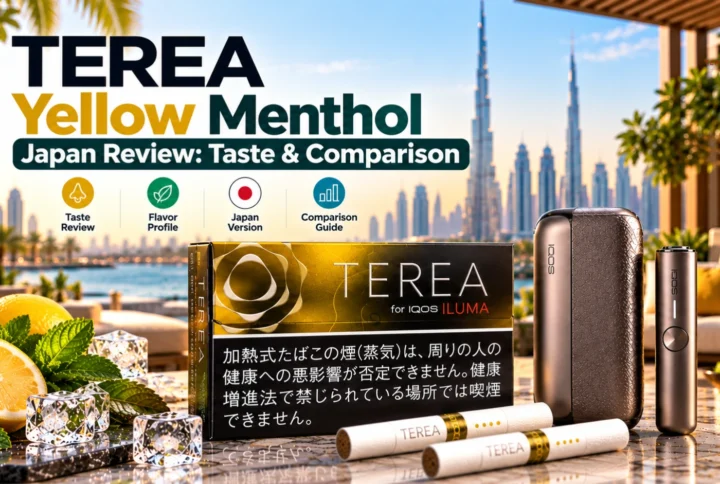 TEREA Yellow Menthol Japan pack with IQOS ILUMA devices, TEREA sticks, lemon, mint and ice accents in a premium Dubai terrace setting.