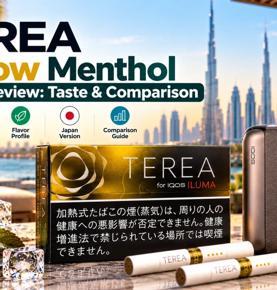TEREA Yellow Menthol Japan pack with IQOS ILUMA devices, TEREA sticks, lemon, mint and ice accents in a premium Dubai terrace setting.