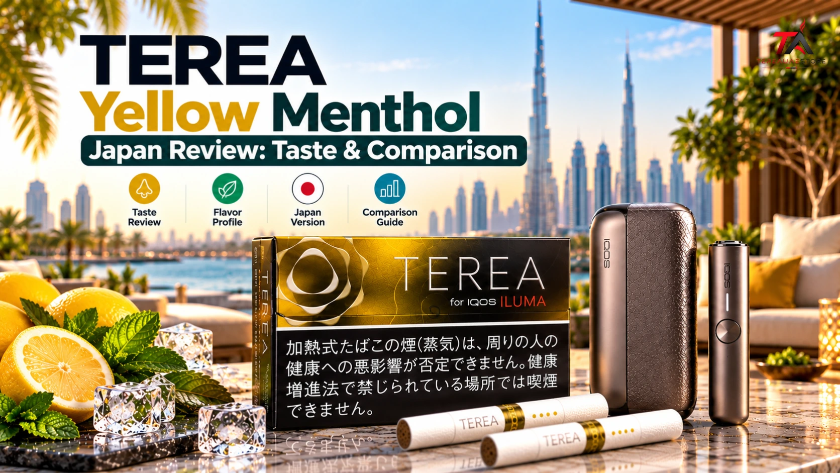 TEREA Yellow Menthol Japan pack with IQOS ILUMA devices, TEREA sticks, lemon, mint and ice accents in a premium Dubai terrace setting.