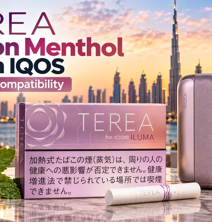 TEREA Fusion Menthol Japan pack with IQOS ILUMA device and TEREA stick, featuring the authentic lavender-pink Japanese packaging in a Dubai skyline setting.